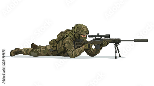 Bild auf Leinwand A soldier in camouflage gear lies in a prone position aiming a sniper rifle with a scope against a plain white background
