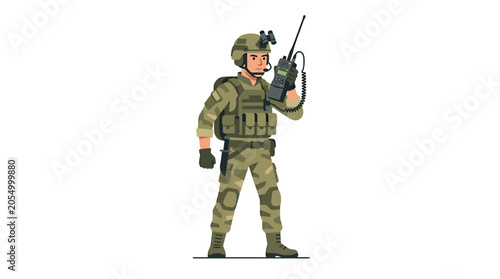 Фотография Illustration of a military soldier in green camouflage uniform holding a radio device with an antenna