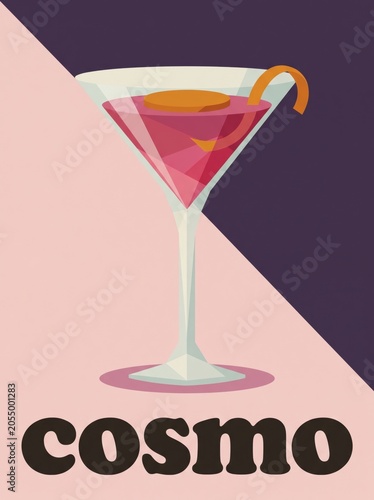 Cosmopolitan cocktail in martini glass with twist beverage menu art