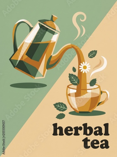 Glass teapot pouring herbal tea into cup with chamomile mint culinary arts