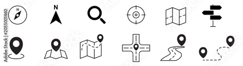 Navigation and Map Location Icons Set Isolated on White Background