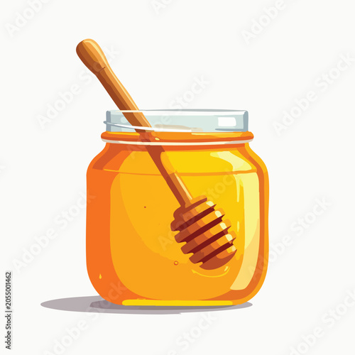 A glass jar of golden honey with a wooden honey dipper inside.