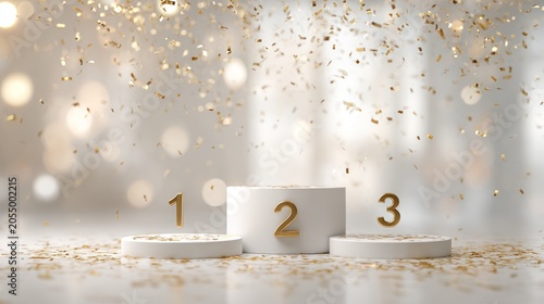 Podium with gold numbers and confetti