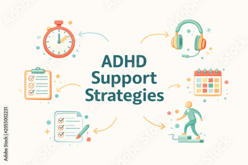 ADHD support strategies illustration showcasing neurodiversity tools and techniques