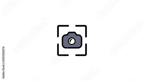 Camera icon within a framing square on a white background symbol sign