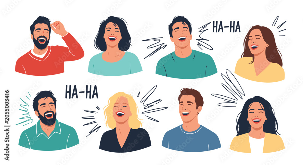 Fototapeta premium Group of diverse people laughing together with happy expressions and cartoon speech bubbles saying HA-HA on white background.