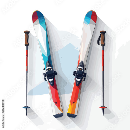 A pair of colorful downhill skis with poles isolated on a white background.