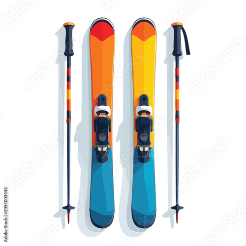 Pair of colorful alpine skis with matching poles on white background.