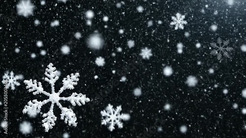 Beautiful realistic snowflakes falling animation on black background winter snowfall overlay cinematic festive Christmas intro background seamless loop high resolution video