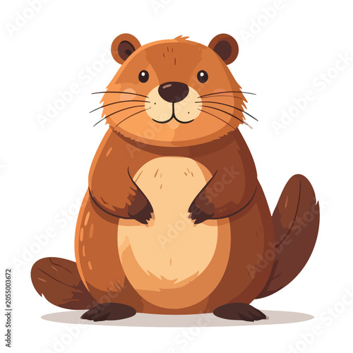 Cute cartoon beaver illustration standing on white background.