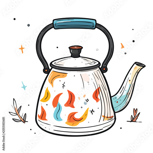 Colorful hand drawn kitchen kettle illustration.