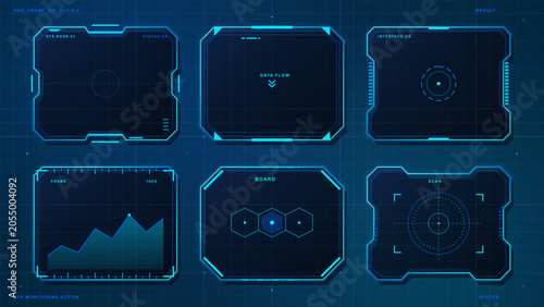 Fotografie Futuristic blue HUD frame kit with six glowing interface panels, data chart, sca