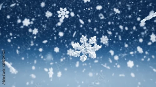 Flying snow on blue background 4K motion graphics snowfall overlay winter abstract particle background slow falling snow effect animation weather seamless loop video