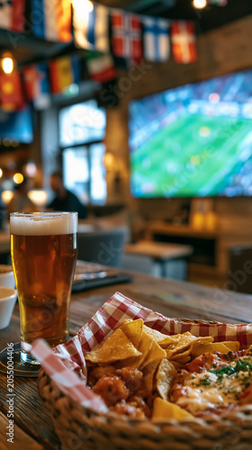 A frosty glass of lager beer on a wooden table in a lively sports bar, with delicious pub food like chicken wings and onion rings, against a blurred big screen showing a soccer match.	
