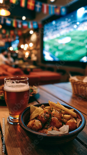 A frosty glass of lager beer on a wooden table in a lively sports bar, with delicious pub food like chicken wings and onion rings, against a blurred big screen showing a soccer match.	
