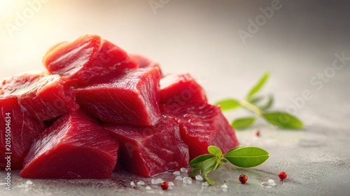 Raw meat cubes with herbs overhead view