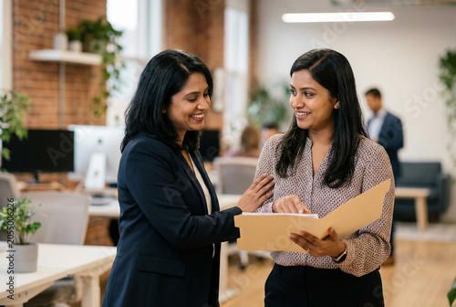 Indian women smiling reviewing document folder in modern bright open plan office collaboration scene