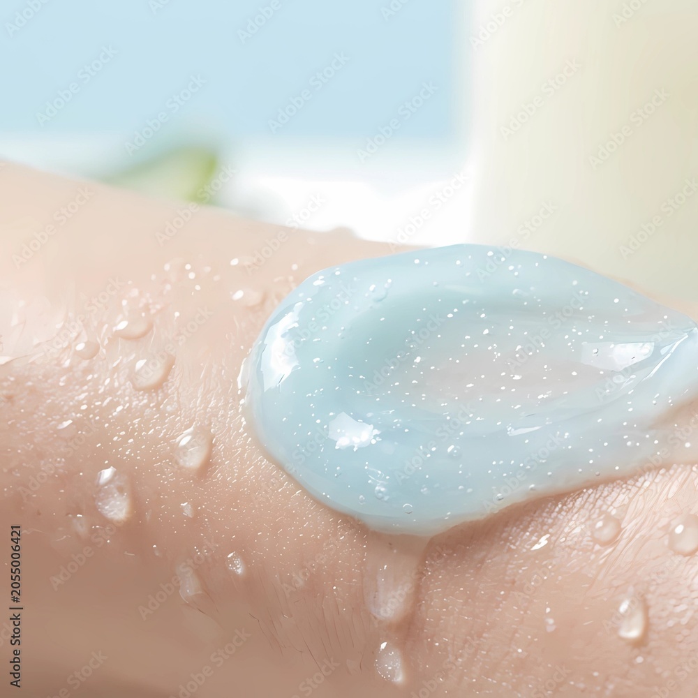 Fototapeta premium Close up of blue gel cream texture on skin with water droplets, moisturizing skin barrier science, skincare biotechnology, generative AI