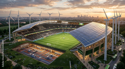 Photorealistic commercial architectural 3D rendering profiling an futuristic sustainable professional football stadium arena design