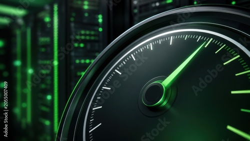 High Speed Performance Speedometer Concept Visualizing Data Center Processing Power Within Modern AI Computing Facility Infrastructure Featuring Glowing Green Server Lights
