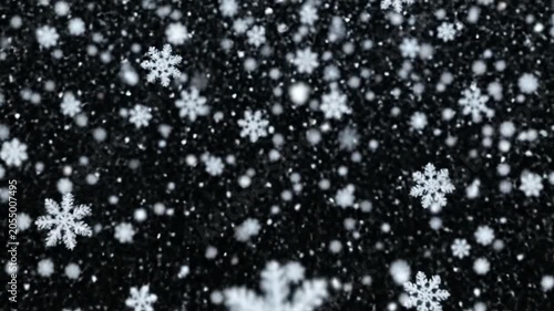 Beautiful realistic snowflakes falling animation on black background winter snowfall overlay cinematic festive Christmas intro seamless loop atmospheric background high resolution video