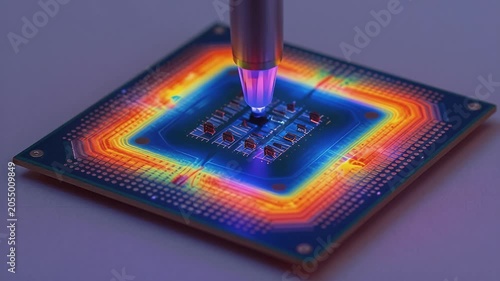 High-Tech Circuit Board with LED Illumination and Precision Probe Interaction