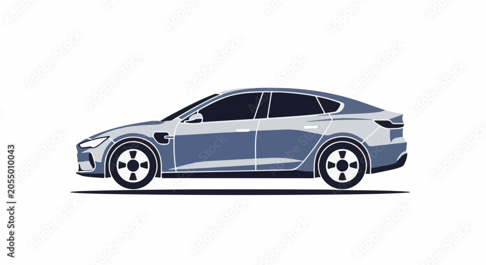 Obraz premium Sleek, modern sedan-style electric car, profile view, blue and gray tones