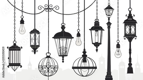 Black and white illustration of various hanging lamps and street lights