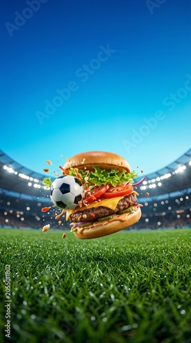 Gourmet cheeseburger and soccer ball floating above a stadium field, sports food concept.