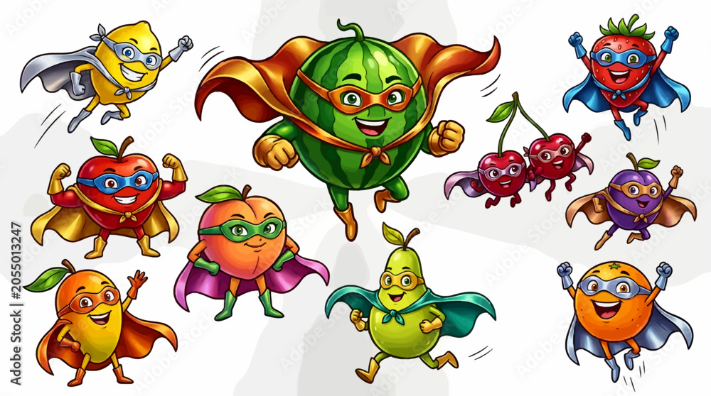 Naklejka premium Cartoon Fruit Superheroes Flying and Posing, Watermelon, Strawberry, Apple, Lemon, Orange, Pear, Peach, Cherries, Mango, Flat 2D Illustration