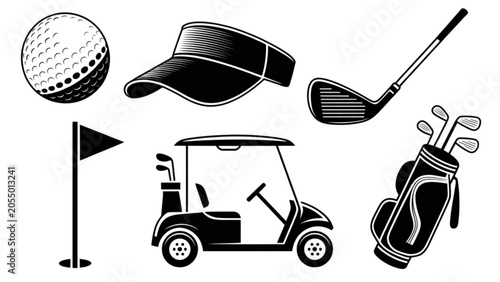 Golf equipment and accessories set including clubs, golf cart, and flag Vector