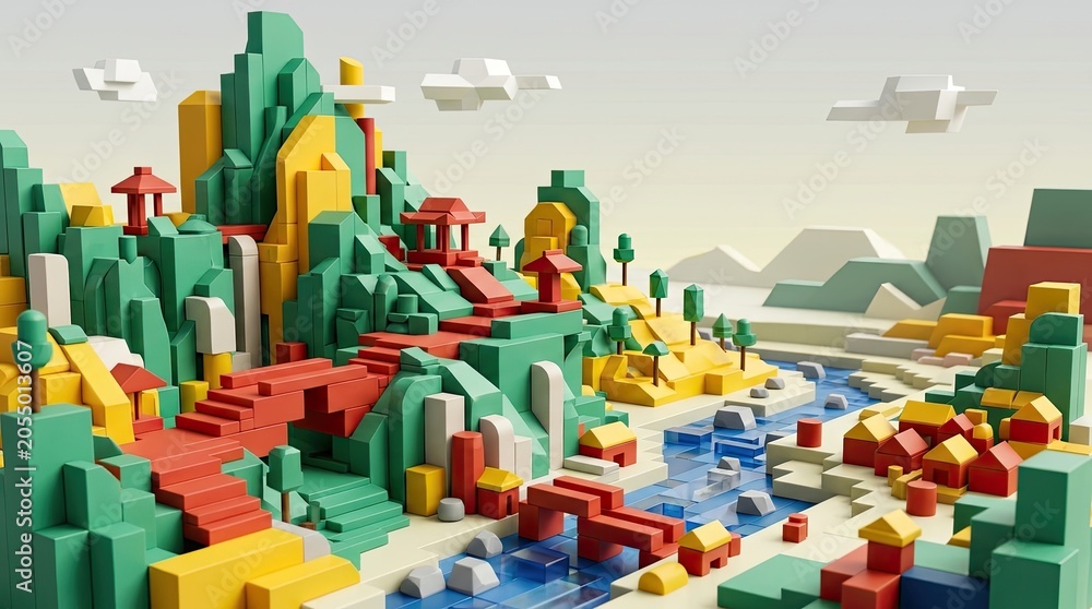 Fototapeta premium Vibrant Lego Landscape With Waterfall and Bridges