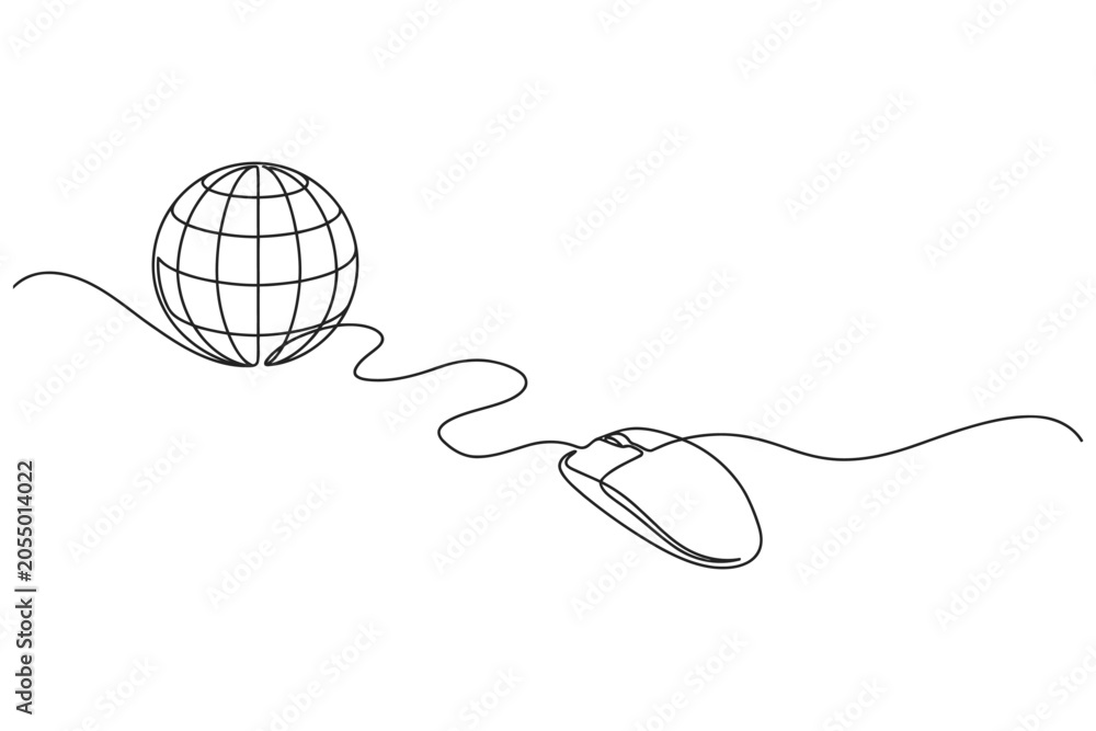 Obraz premium Continuous single line drawing of computer mouse connected to digital globe vector illustration with computer internet connectivity technology communication connection illustration continuous