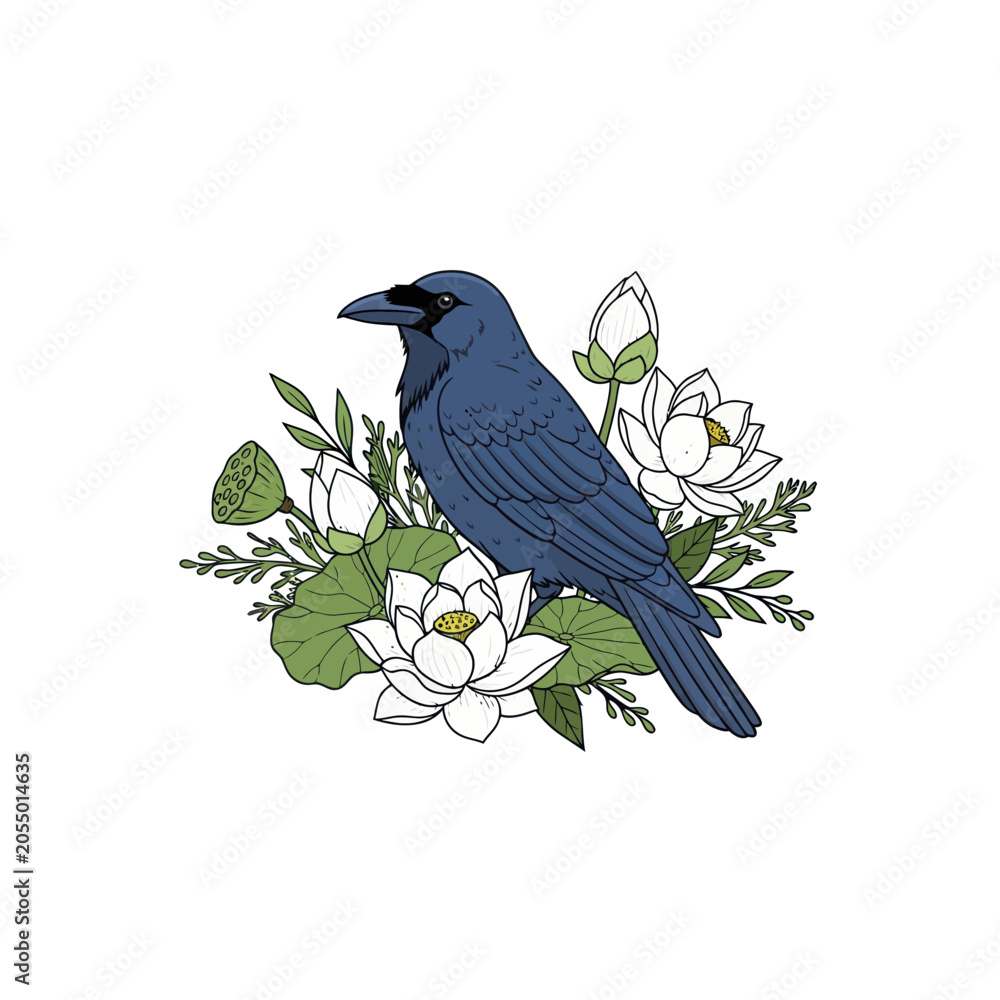 Fototapeta premium Crow Perched on White Lotus Flowers Illustration