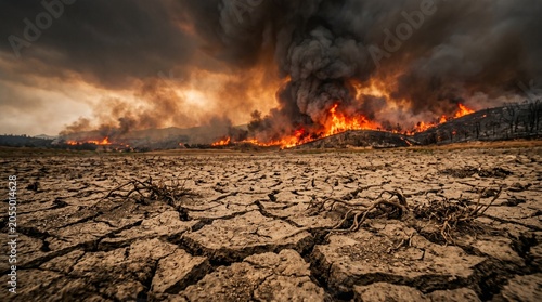 Terre sèche et craquelée par une sécheresse extrême au premier plan avec un immense incendie de forêt en arrière-plan. Concept de changement climatique, réchauffement climatique et phénomène El Niño. 