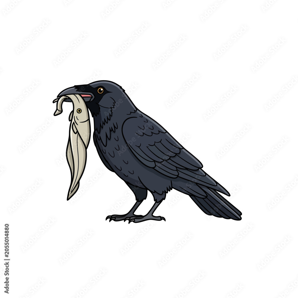Fototapeta premium Black Crow Holding a Fish Illustration