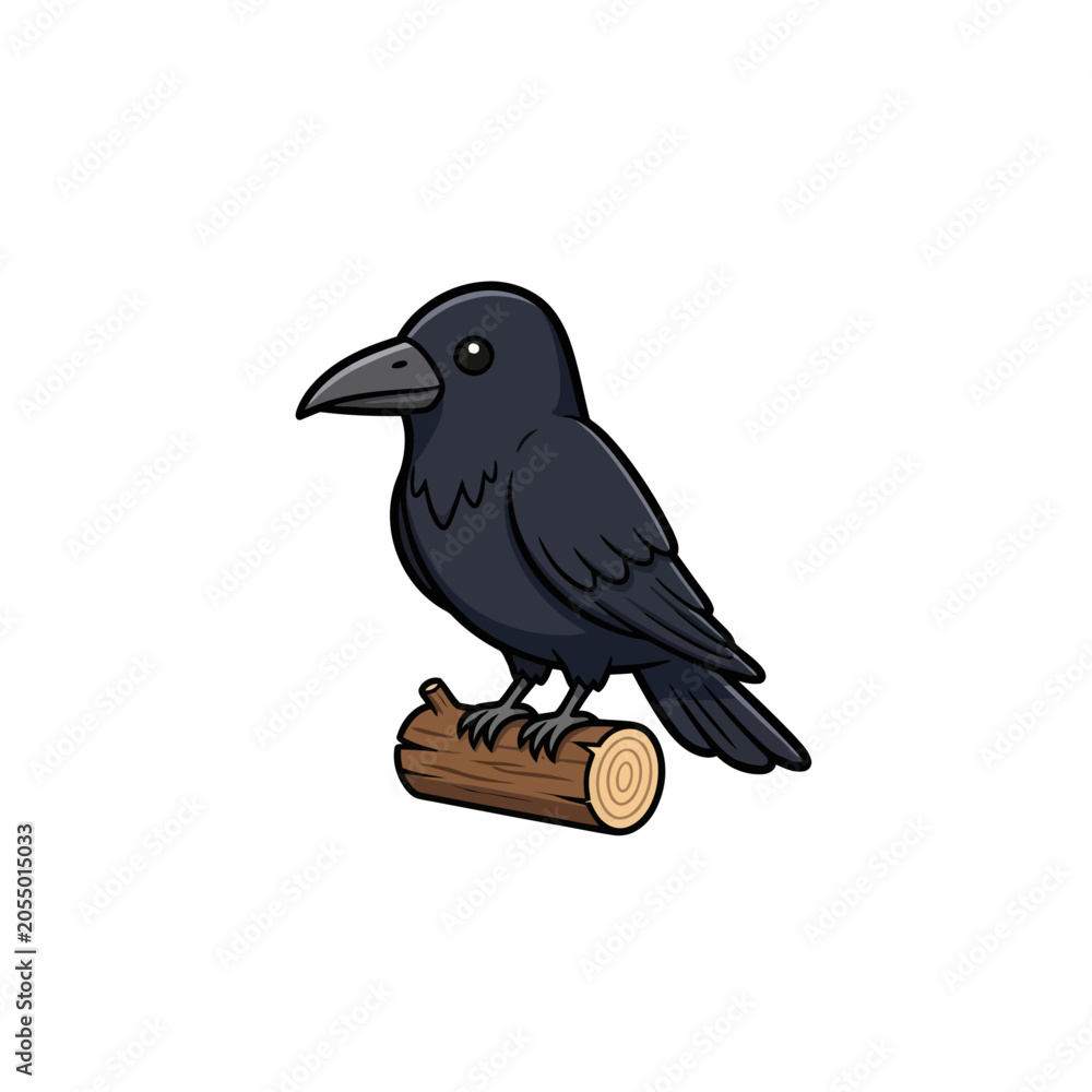 Fototapeta premium Cute Cartoon Crow Perched on a Log