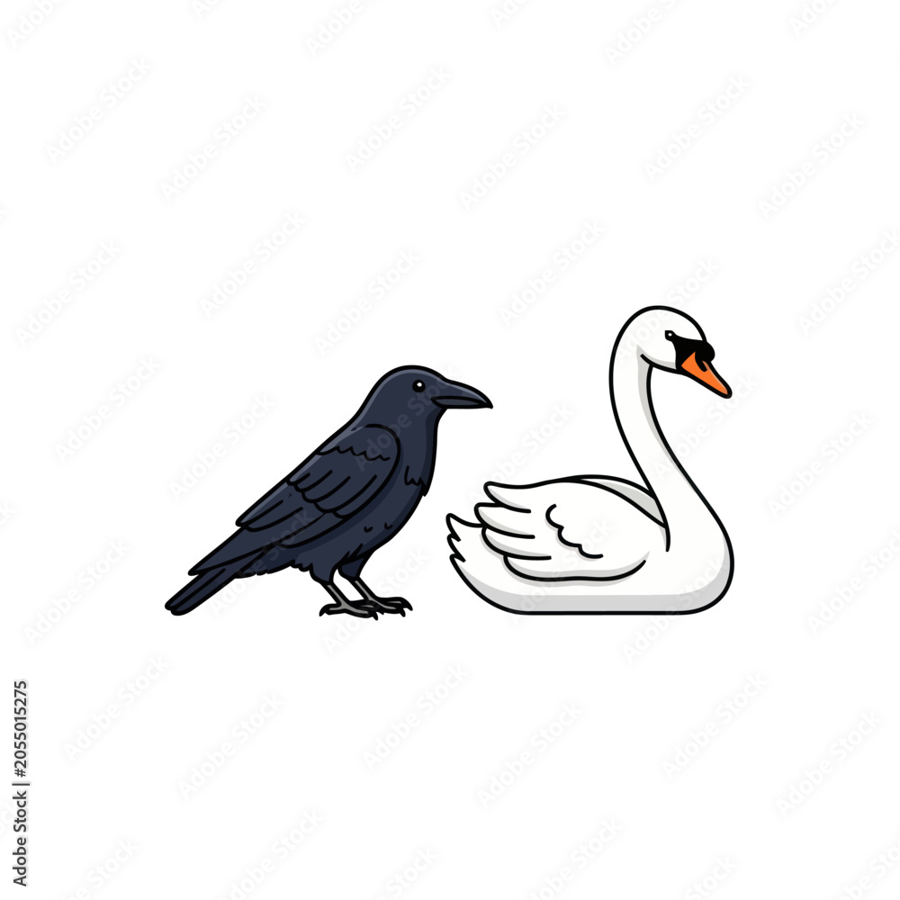 Naklejka premium Black Crow and White Swan Illustration