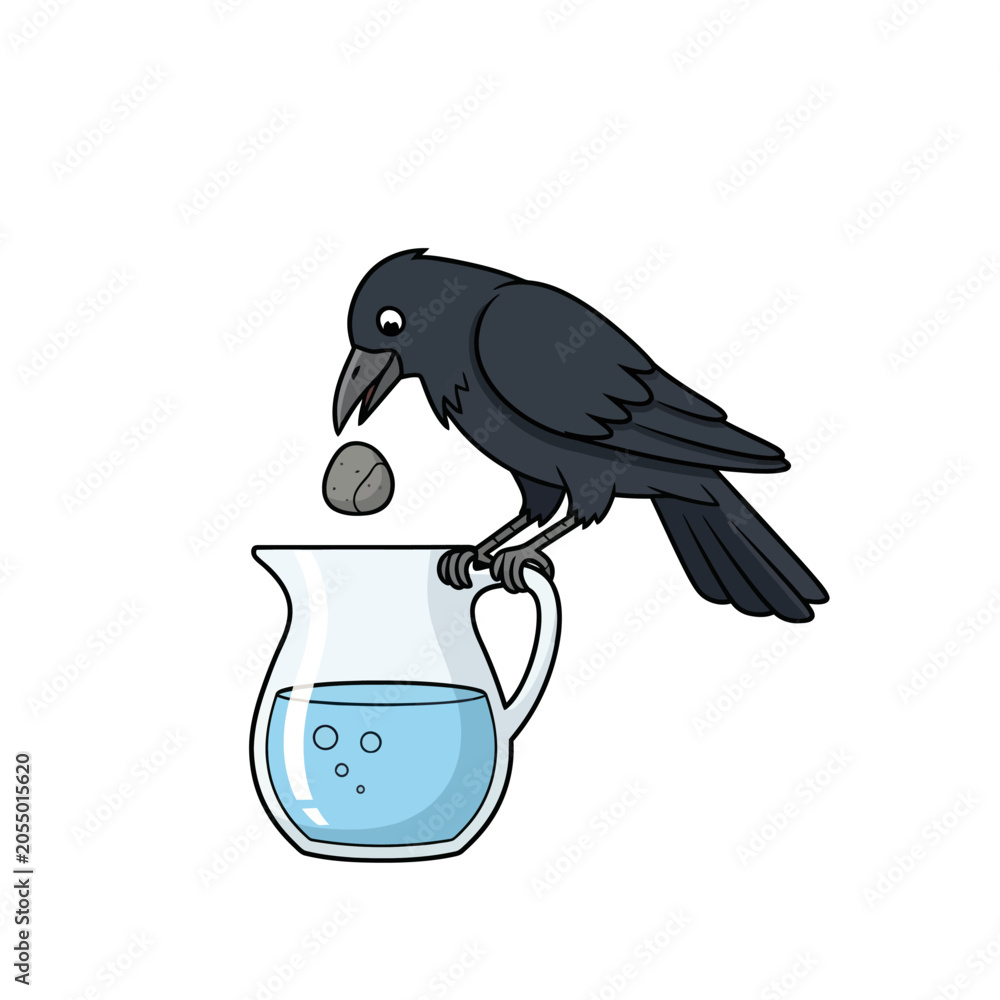 Fototapeta premium Thirsty Crow Dropping Pebble into Water Pitcher