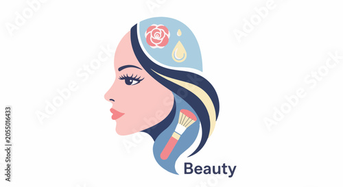 A stylized profile of a woman's face with beauty elements like a rose, oil drops, and makeup brush incorporated