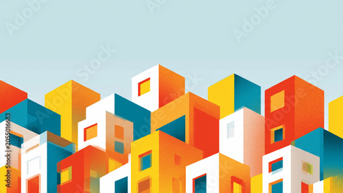 Abstract illustration of colorful geometric building blocks forming a modern city skyline.