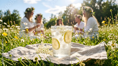 Refreshing elderflower lemonade with lemon slices on a linen cloth in a sunny wildflower meadow during a festive outdoor Midsummer celebration.