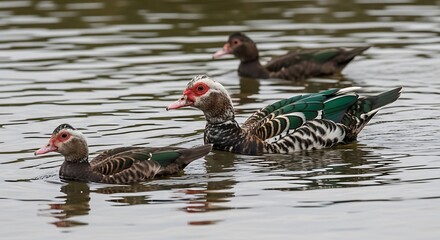 Pair of colorful mandarin ducks swimming on rippling water surface