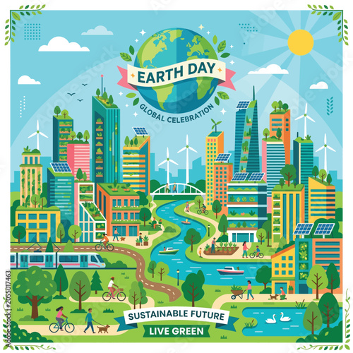 Fotografie Earth Day Sustainable Future Cityscape Illustration.