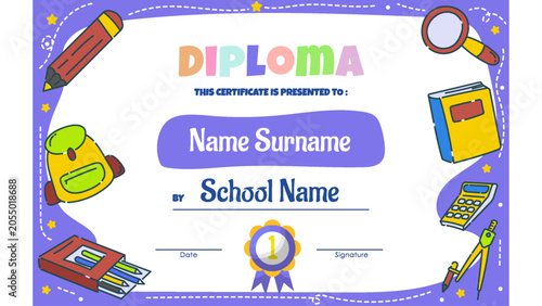 Kids diploma certificate template with a light purple border, decorated with cute school supply illustrations like pencils, books, and a medal