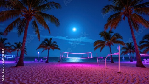 Palm-lined beach at night under a full moon with neon lights illuminating the foreground.