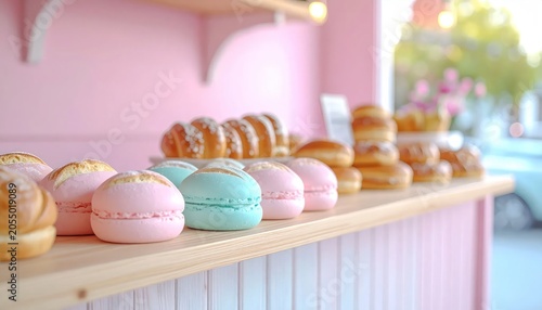 Colorful Pastel Macarons Arranged on Wooden Counter in Pink Bakery
