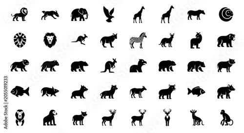 Photography Collection of black animal silhouettes on white background various species and p