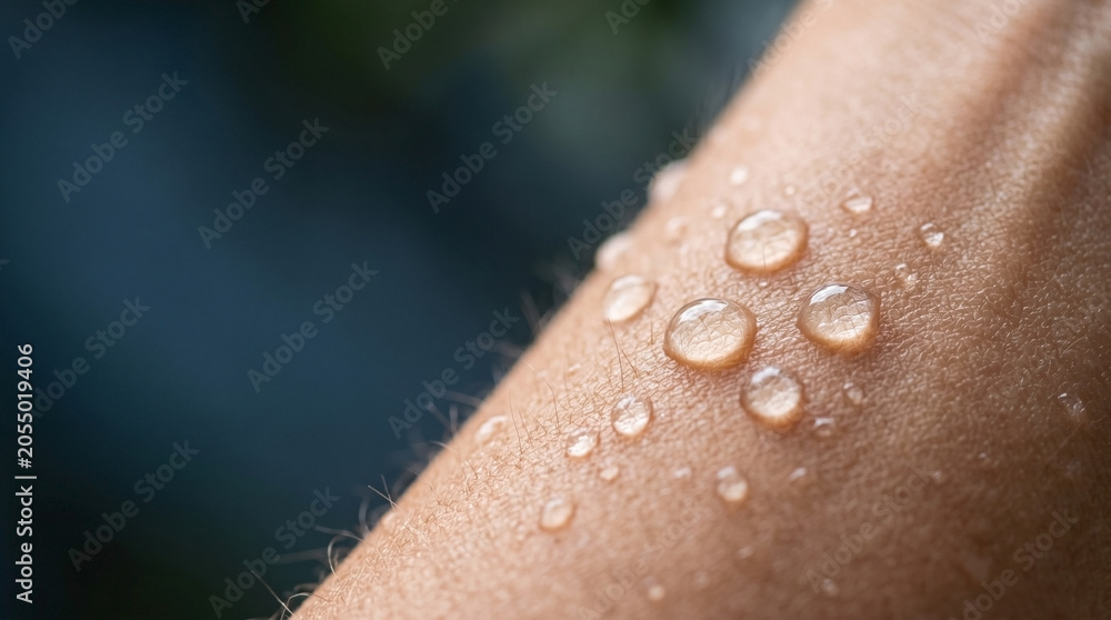 Fototapeta premium Close-Up Macro of Water Drops on Human Skin representing Hydration and Freshness for Skincare Marketing, Dermatology Concepts, and Wellness Websites