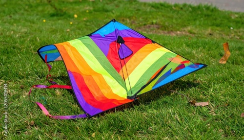 Colorful Rainbow Kite Resting on Green Grass in Outdoor Park